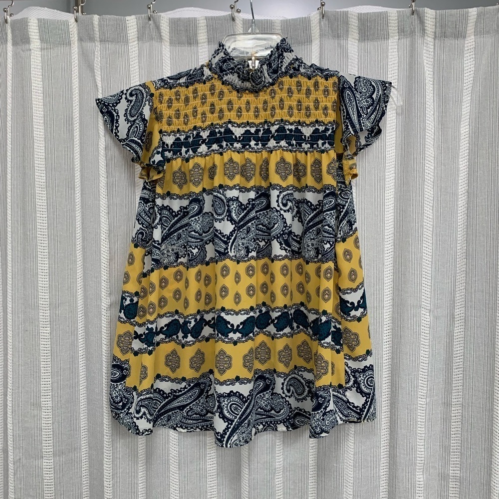 Charmed by Eve Blouse Smocked High Neck Flutter Sleeve Blue Yellow Print‎ Size M
